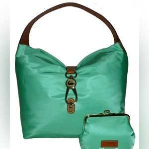 DOONEY & BOURKE TURQUOISE NYLON HOBO BAG & KISS LOCK COIN PURSE SHOULDER BAG